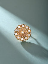 Floral Kundan White Stone Adjustable Brass Ring