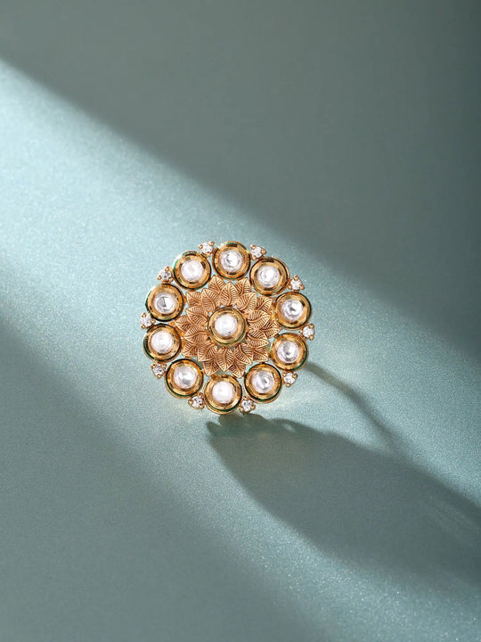 Floral Kundan White Stone Adjustable Brass Ring