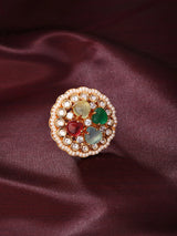 Multicolour Kundan Ring with Pearl Border and Gemstone Inlay