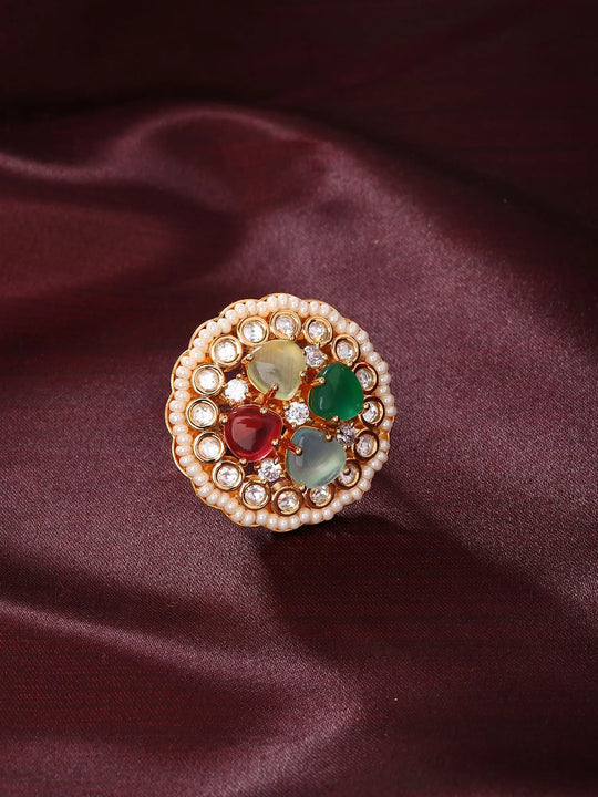Multicolour Kundan Ring with Pearl Border and Gemstone Inlay