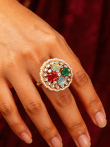 Multicolour Kundan Ring with Pearl Border and Gemstone Inlay