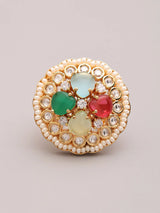 Multicolour Kundan Ring with Pearl Border and Gemstone Inlay