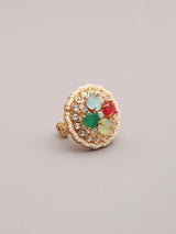 Multicolour Kundan Ring with Pearl Border and Gemstone Inlay