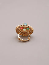 Multicolour Kundan Ring with Pearl Border and Gemstone Inlay