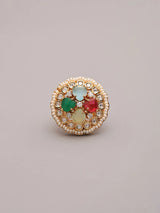 Multicolour Kundan Ring with Pearl Border and Gemstone Inlay