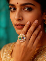 Multicolour Kundan Ring with Pearl Border and Gemstone Inlay