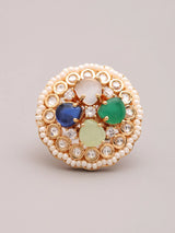 Multicolour Kundan Ring with Pearl Border and Gemstone Inlay