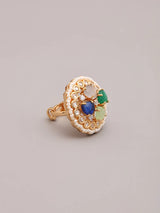 Multicolour Kundan Ring with Pearl Border and Gemstone Inlay