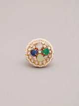 Multicolour Kundan Ring with Pearl Border and Gemstone Inlay