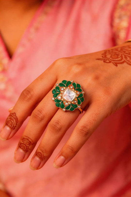 Hexagonal Floral Kundan Green Brass Adjustable Ring