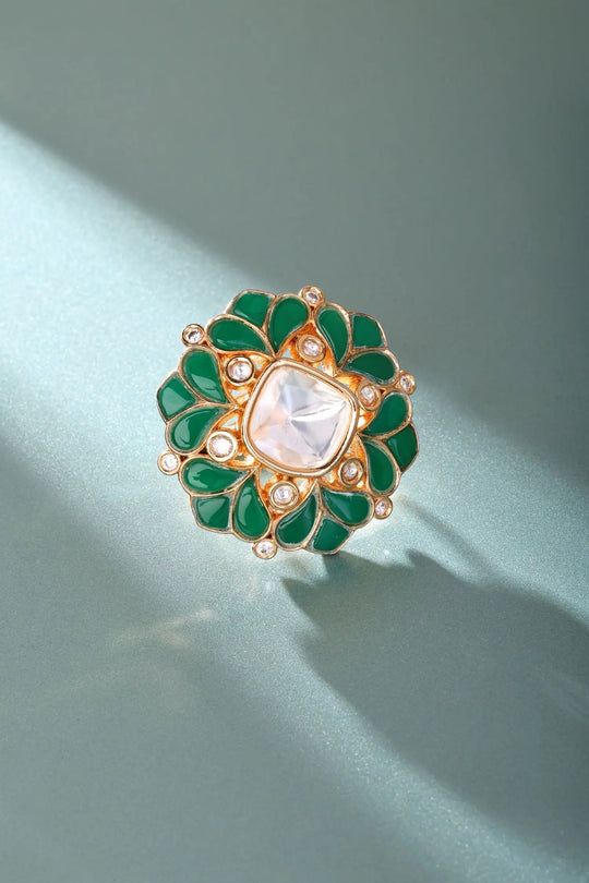 Hexagonal Floral Kundan Green Brass Adjustable Ring