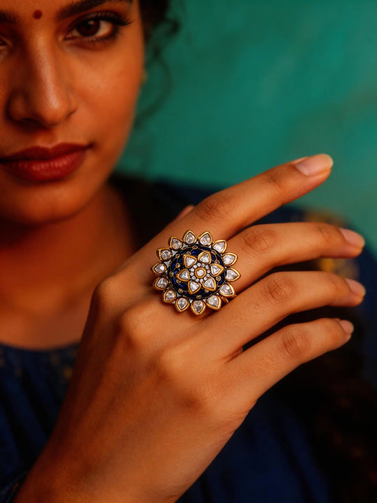 Floral Chakra Kundan Stone Studded Brass Adjustable Ring