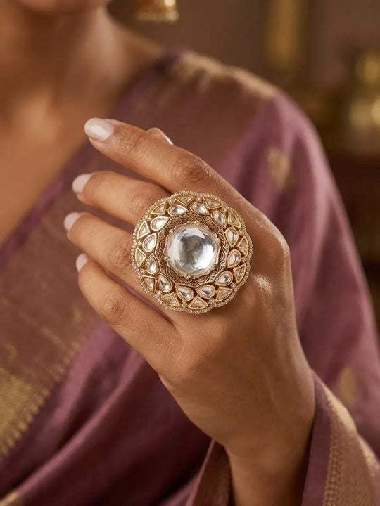 Kundan Stone Studded Adjustable Brass Cocktail Ring