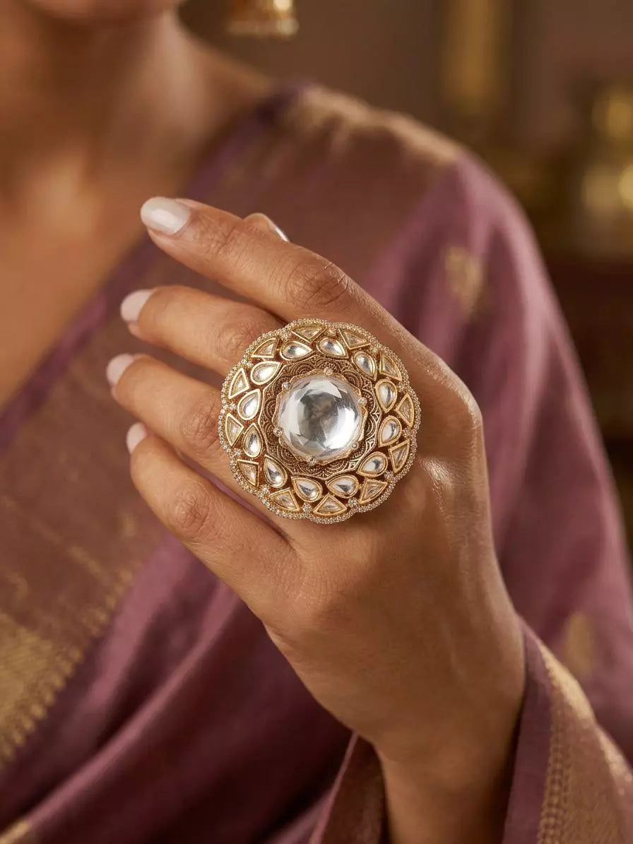 Kundan Stone Studded Adjustable Brass Cocktail Ring