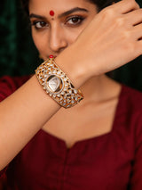 Floral Polki Pear Stone Brass Openable Cuff Bangle