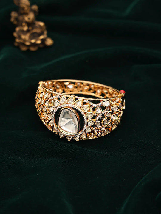 Floral Polki Pear Stone Brass Openable Cuff Bangle