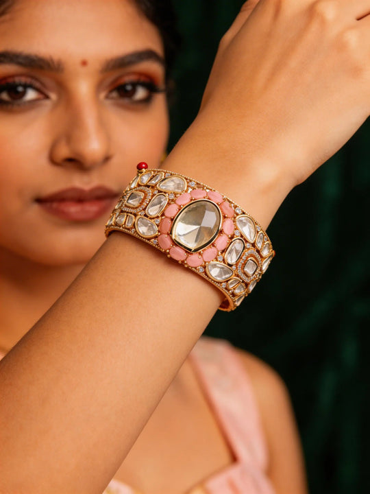 Blush Pink Stone Polki Brass Openable Cuff Bangle