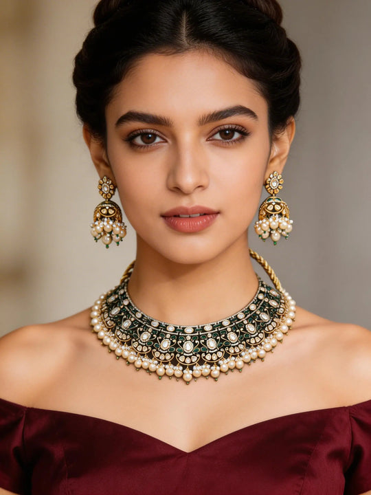 Polki Stone and Pearl Drop Brass Necklace Set