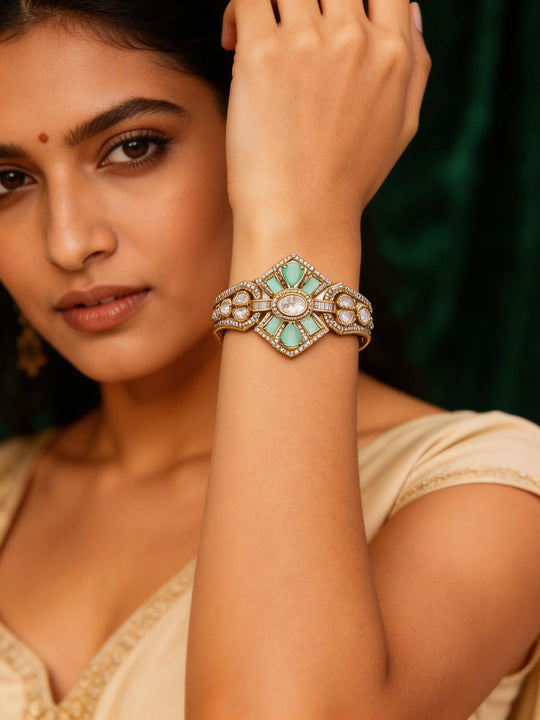 Geometric Stone Studded Openable Brass Cuff Bracelet