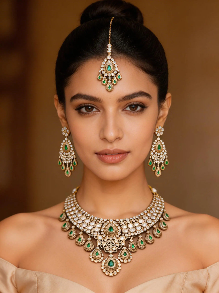Polki and Green Teardrop Semi Bridal Necklace Set in Brass