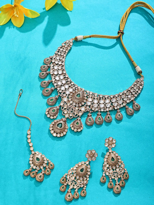 Polki and Green Teardrop Semi Bridal Necklace Set in Brass
