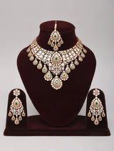 Polki and Green Teardrop Semi Bridal Necklace Set in Brass