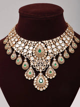 Polki and Green Teardrop Semi Bridal Necklace Set in Brass