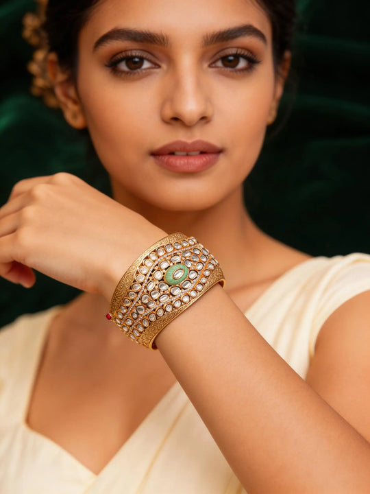Peach Kundan and Polki Openable Brass Kada Bangle