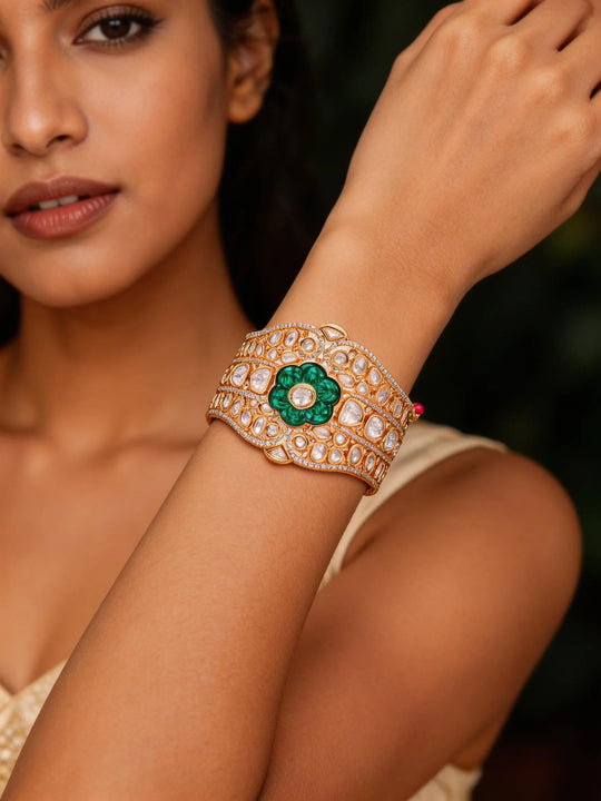 Floral Polki Stone Studded Openable Cuff Bangle in Green