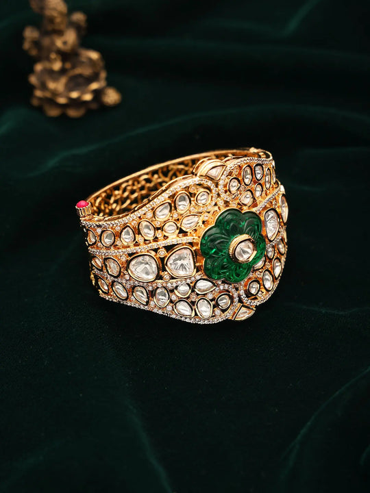 Floral Polki Stone Studded Openable Cuff Bangle in Green