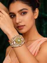 Floral Polki Stone Studded Openable Cuff Bangle in Green