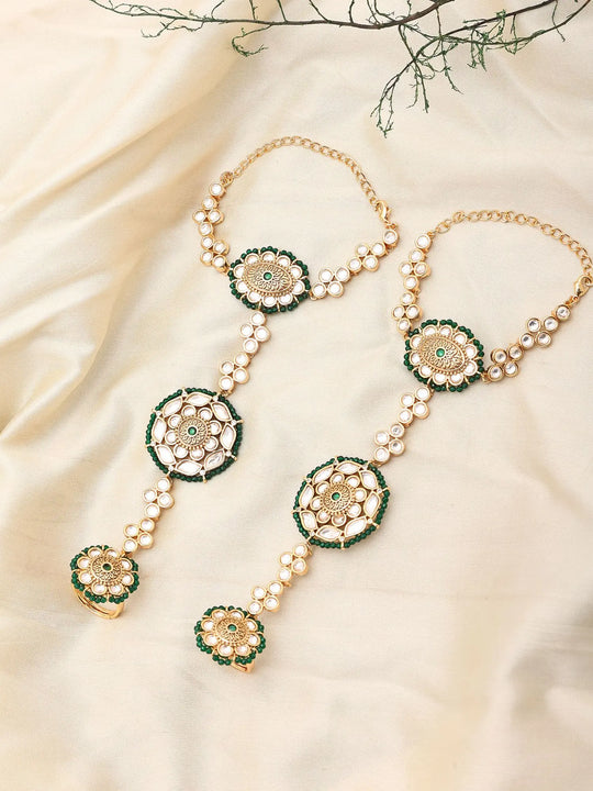 Floral Kundan Hathphool Bracelet in Green and Pink (Pair)
