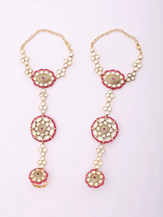 Floral Kundan Hathphool Bracelet in Green and Pink (Pair)