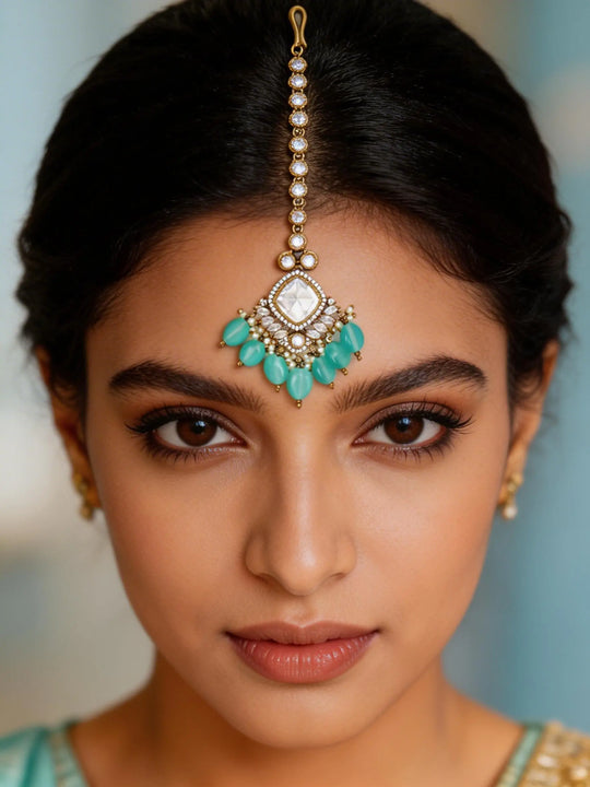 Blue Marquise Kundan Maang Tikka with Bead Drop