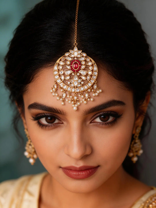 Floral Polki and Pearl Drop Brass Maang Tikka