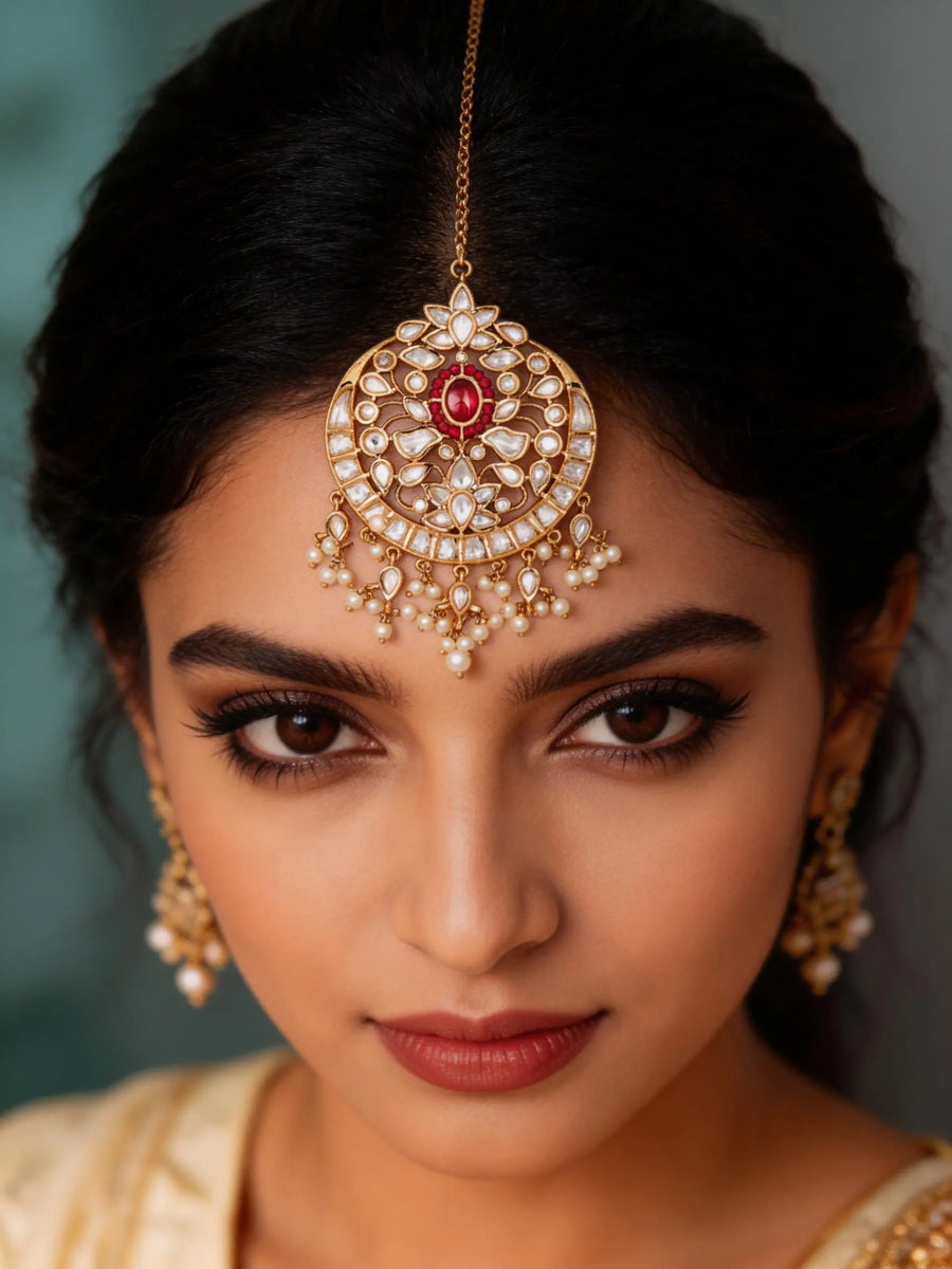 Floral Polki and Pearl Drop Brass Maang Tikka