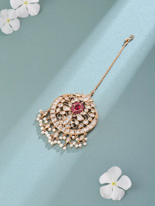 Floral Polki and Pearl Drop Brass Maang Tikka