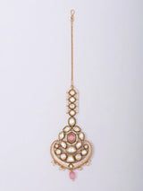 Pink Meenakari and Polki Brass Maang Tikka with Bead Drop