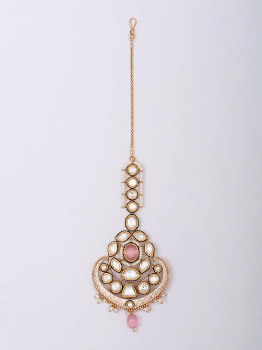 Pink Meenakari and Polki Brass Maang Tikka with Bead Drop