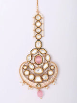 Pink Meenakari and Polki Brass Maang Tikka with Bead Drop