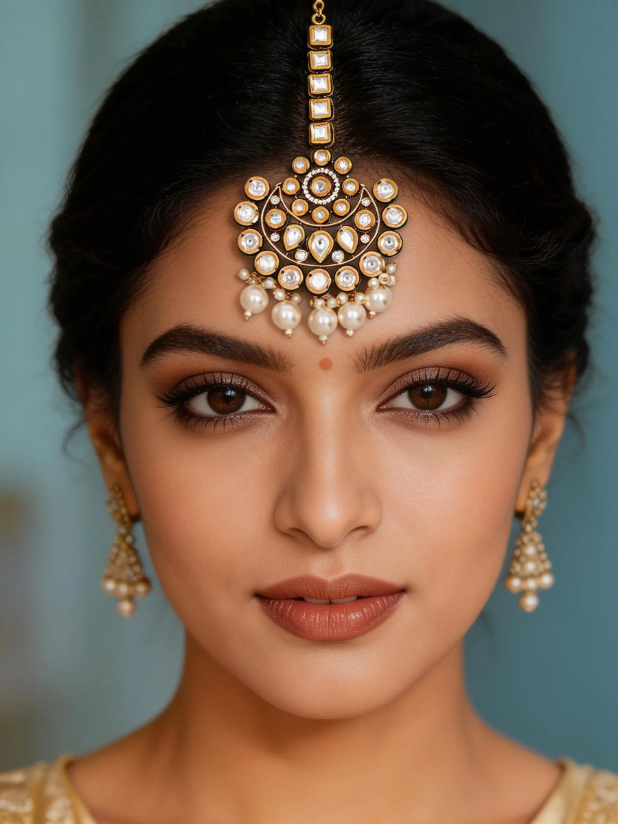 Floral Polki and Pearl Drop Brass Maang Tikka