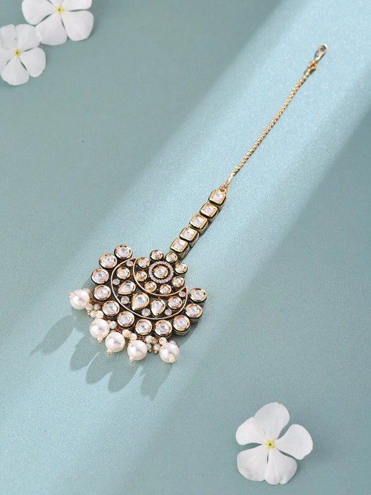 Floral Polki and Pearl Drop Brass Maang Tikka