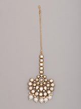 Floral Polki and Pearl Drop Brass Maang Tikka