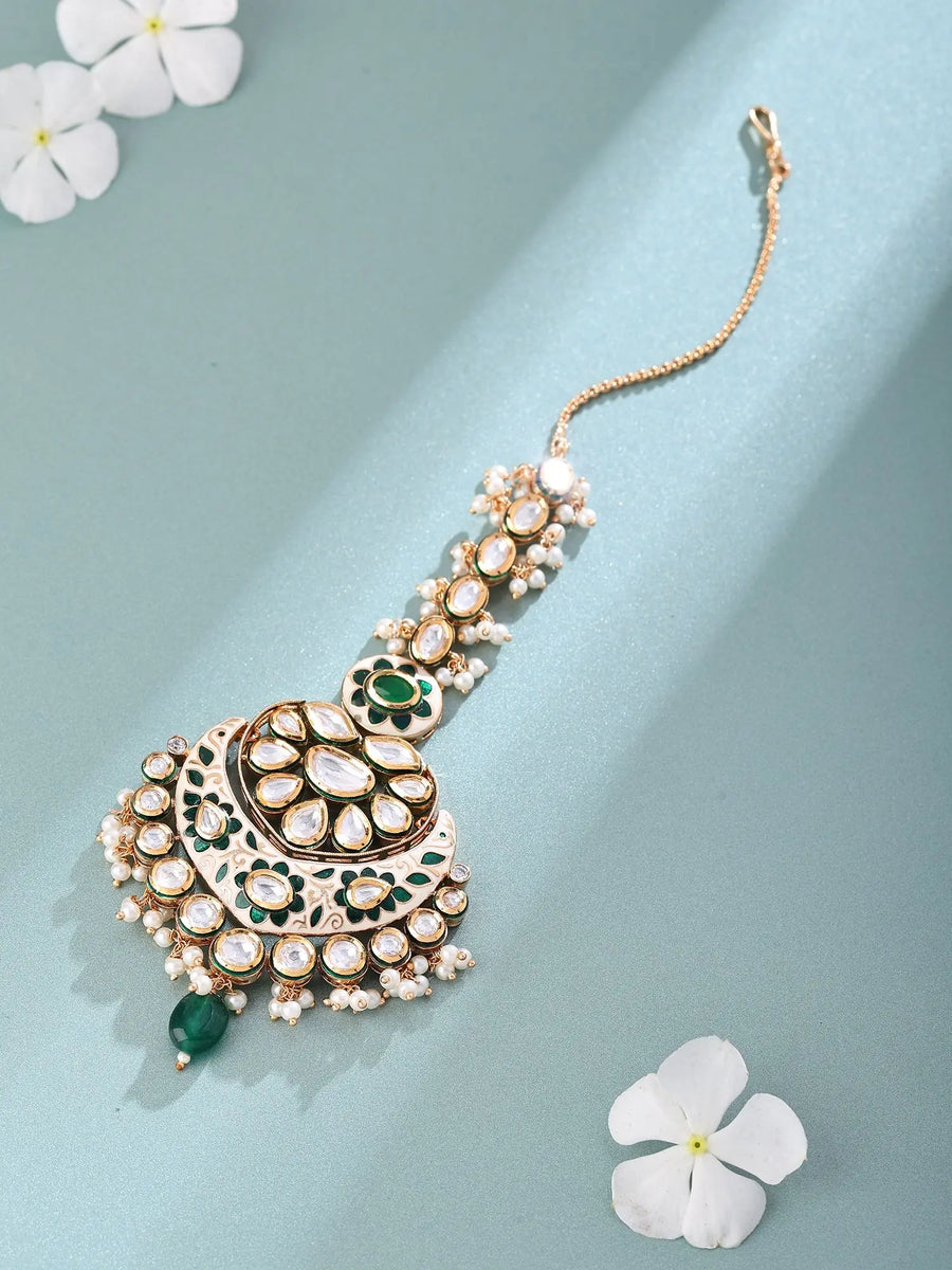 Meenakari Polki and Pearl Cluster Drop Maang Tikka