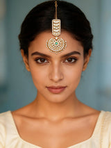 Floral Crescent Pearl Drop Stone Studded Brass Maang Tikka