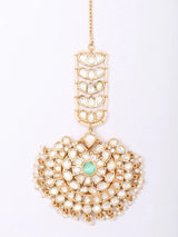 Floral Crescent Pearl Drop Stone Studded Brass Maang Tikka