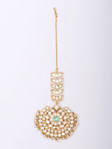 Floral Crescent Pearl Drop Stone Studded Brass Maang Tikka