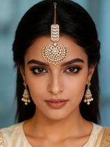 Floral Crescent Pearl Drop Stone Studded Brass Maang Tikka