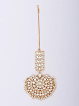 Floral Crescent Pearl Drop Stone Studded Brass Maang Tikka