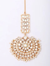 Floral Crescent Pearl Drop Stone Studded Brass Maang Tikka
